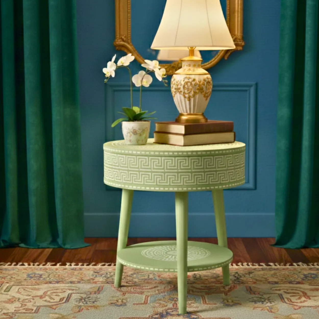 Bone Inlay Light Green Round Bedside Table - Image 2