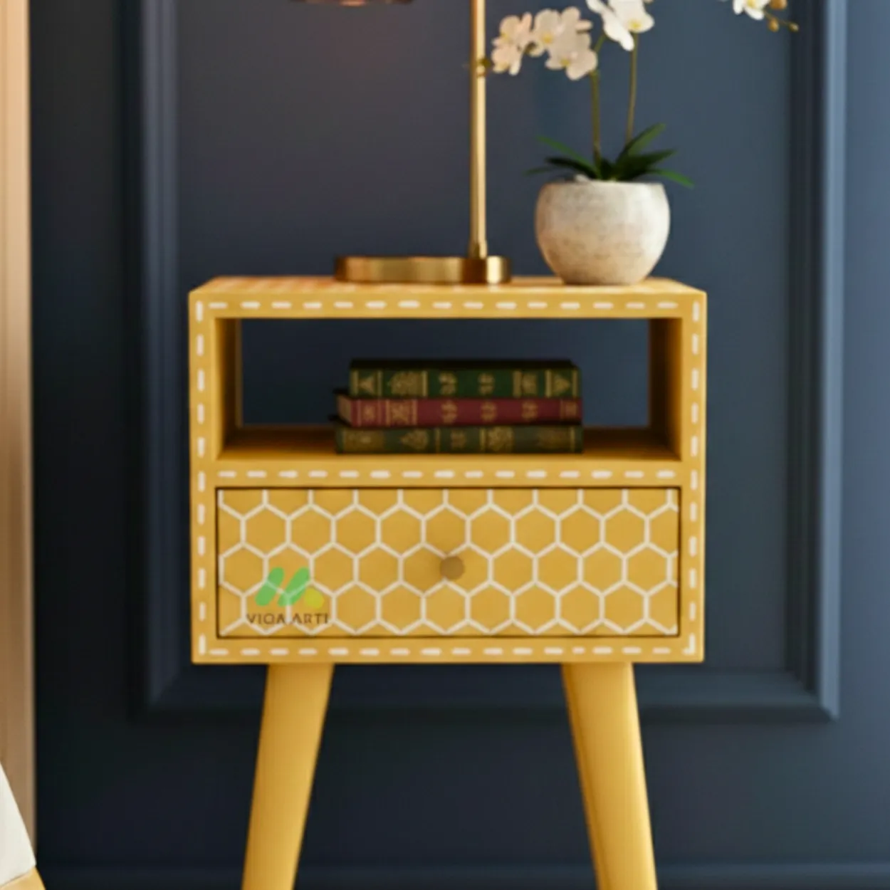 Bone Inlay Yellow Bedside table - Image 5