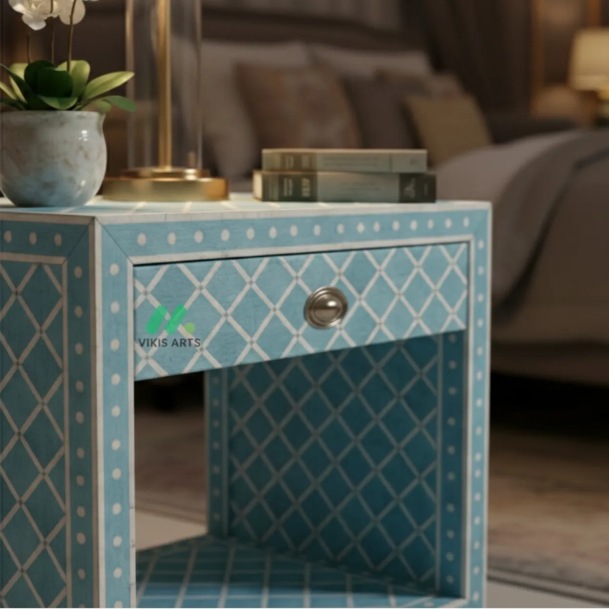 Bone Inlay Light Blue Bedside table - Image 3