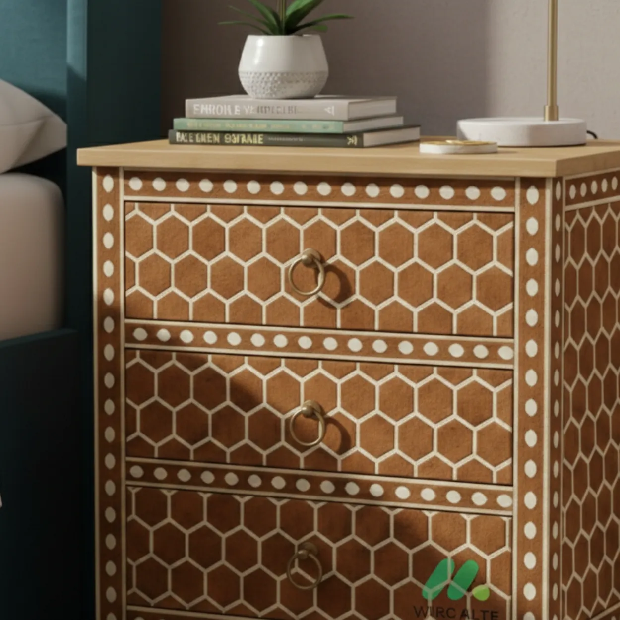 Handcrafted Bone Inlay Wooden Bedside table - Image 4