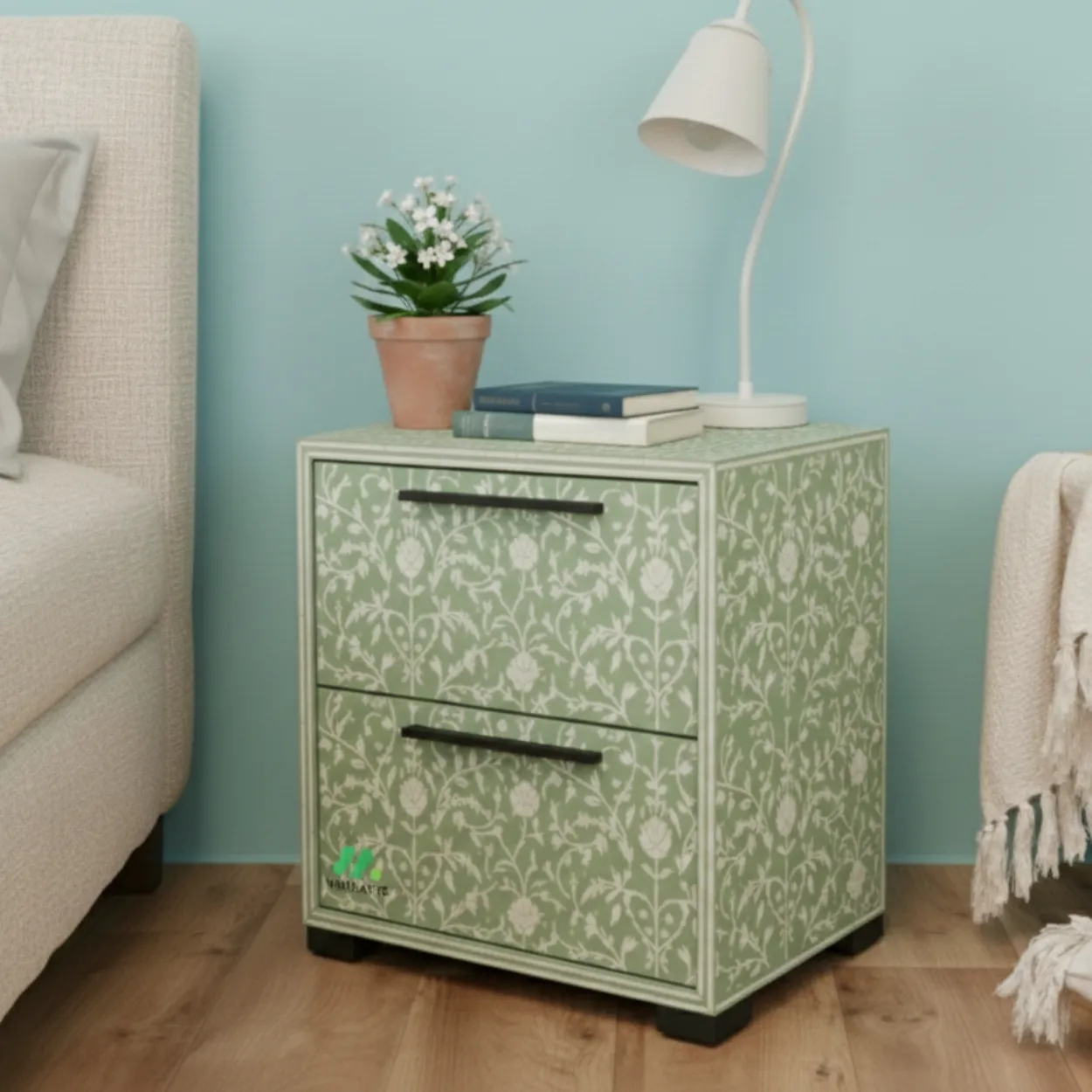 Bone Inlay Light Green bedside Table - Image 4