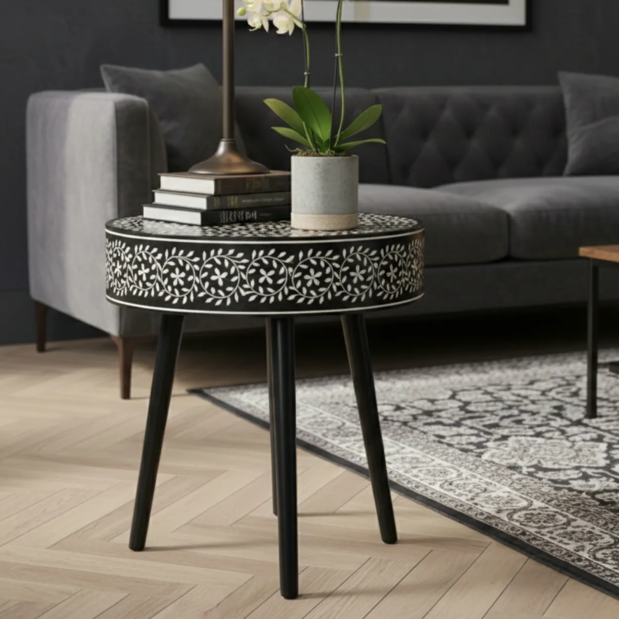 Bone Inlay Black Round Bedside table with One Drawer - Image 2