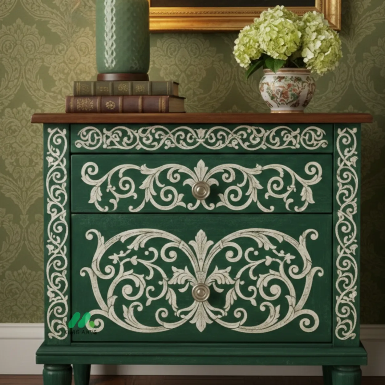 Luxury Handcrafted Bone Inlay Green Bedside table - Image 5