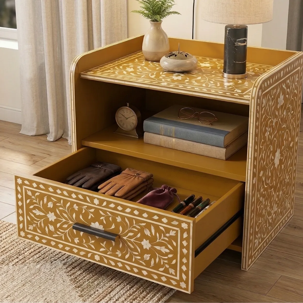 Bone Inlay Yellow Bedside Table with One Drawer - Image 5