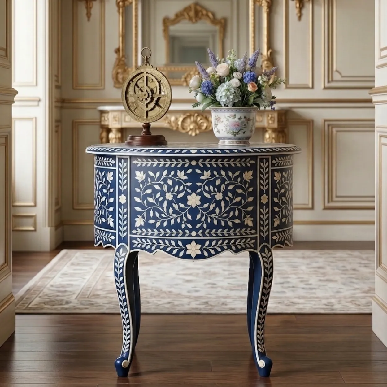 Bone Inlay Navy Blue Round Side Table - Image 2