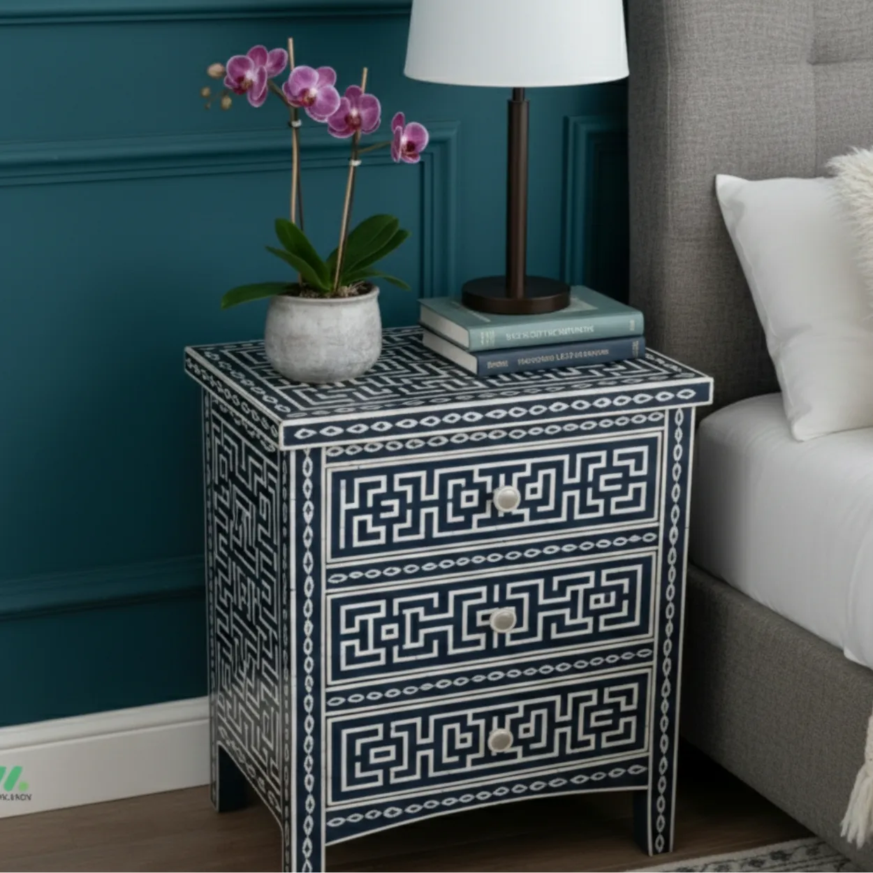 Bone Inlay Navy Blue Bedside Table with three drawer - Image 4