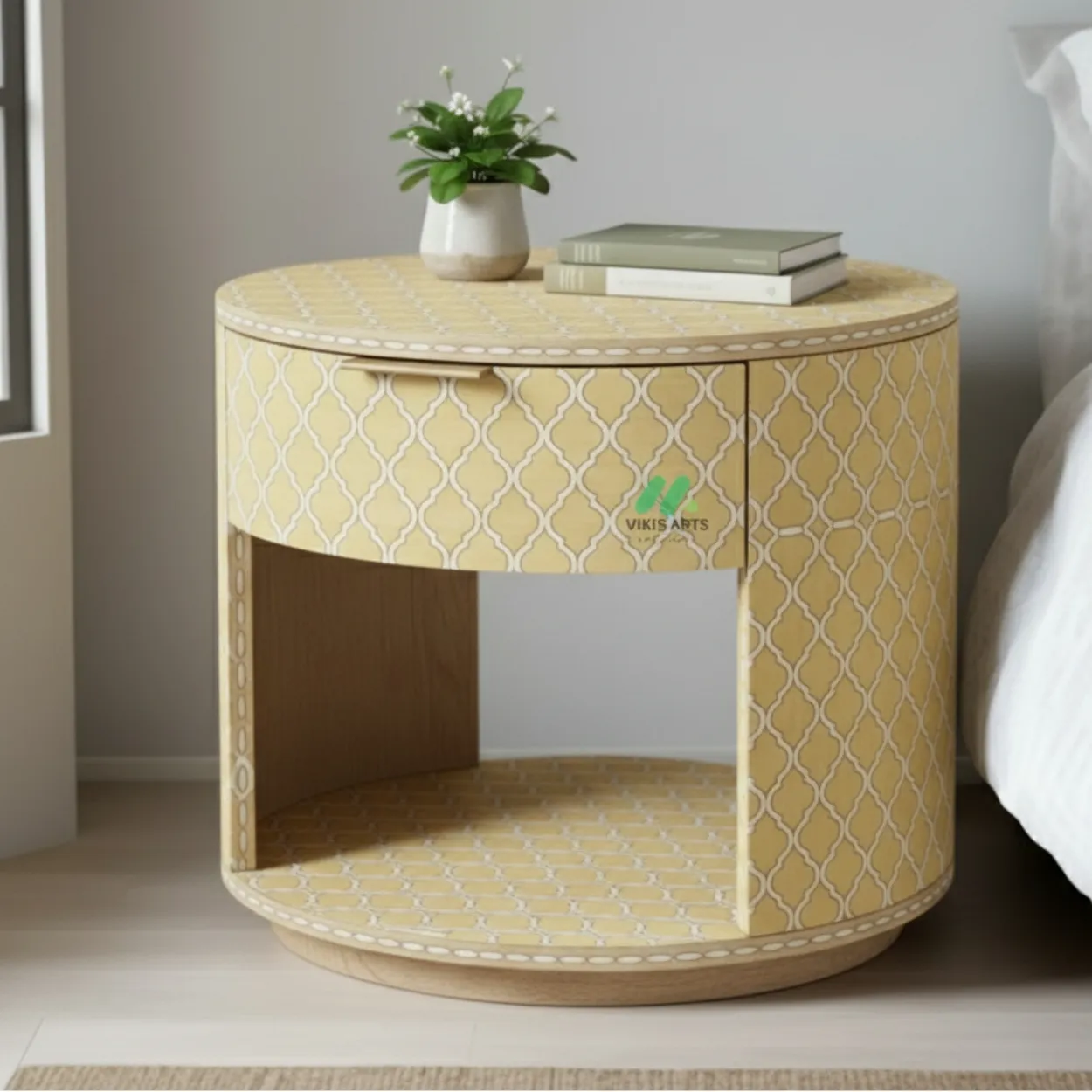 Bone Inlay Yellow Round Bedside table - Image 4