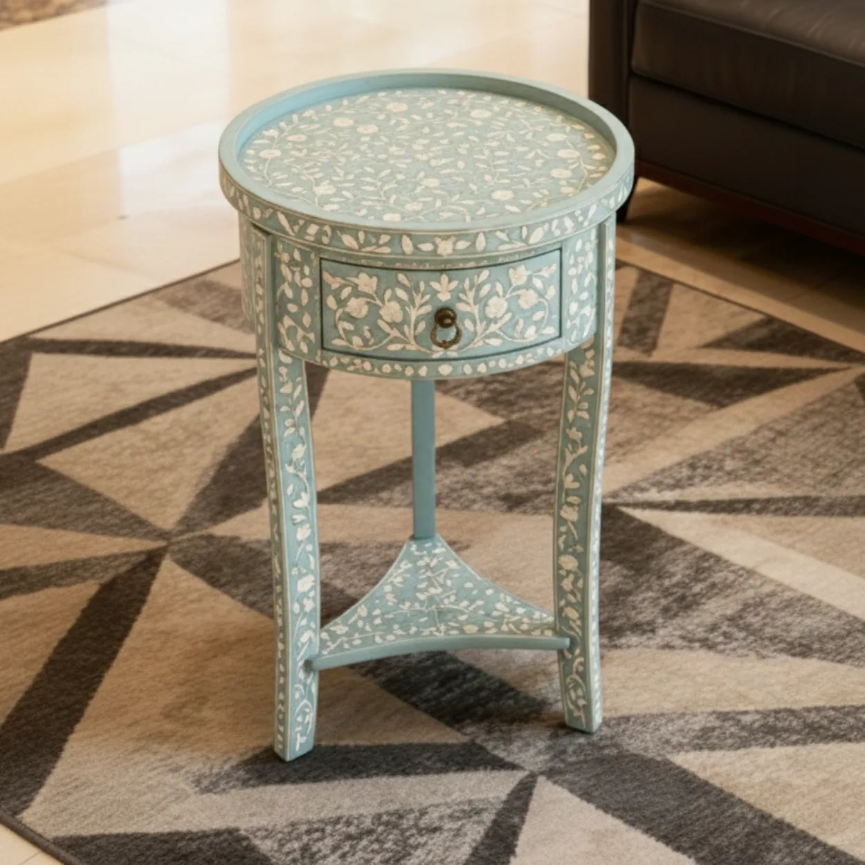 Bone Inlay Blue Round Bedside Table - Image 5