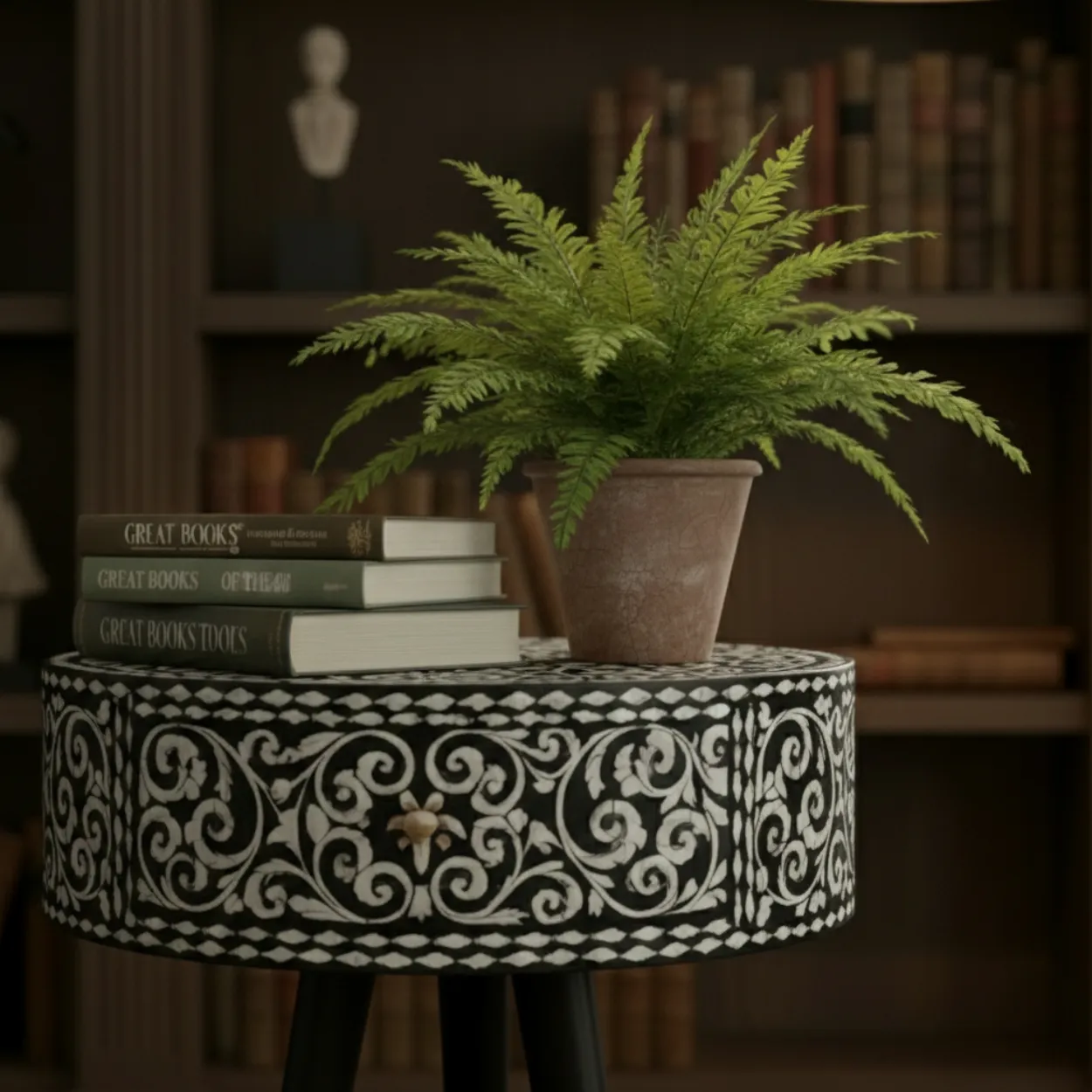 Bone Inlay Black Round Side table with one Drawer - Image 3