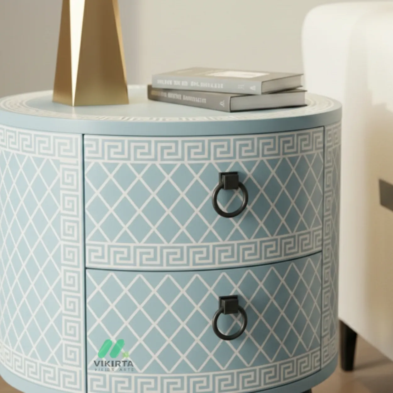 Bone Inlay Light Blue Round Bedside Table with Two Drawer - Image 4