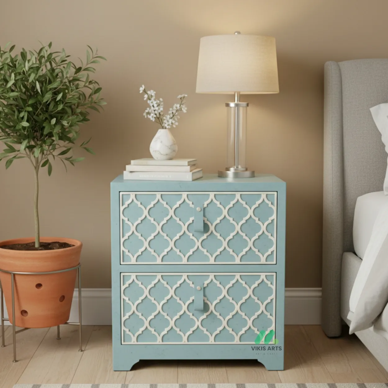 Bone Inlay Light Blue bedside Table