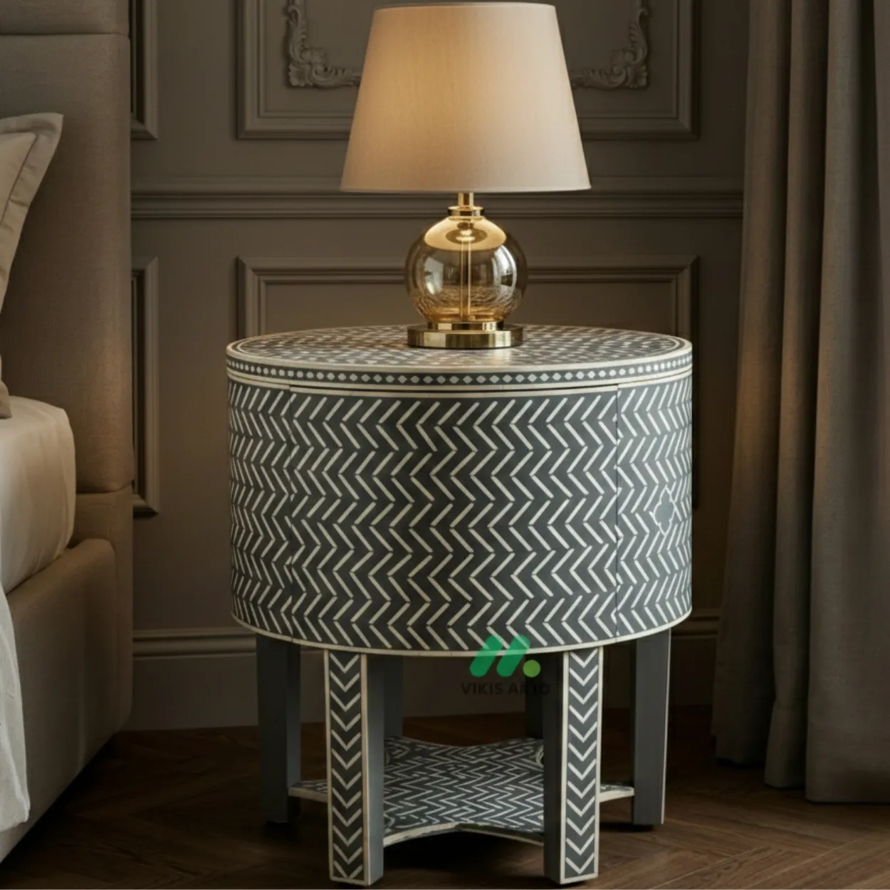 Bone Inlay Grey Round Bedside table - Image 2