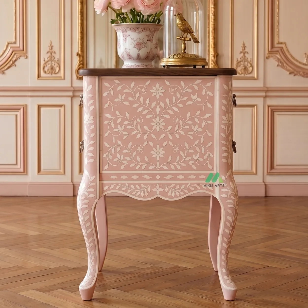Handmade Bone Inlay Pink Bedside Table with Two Drawer - Image 4