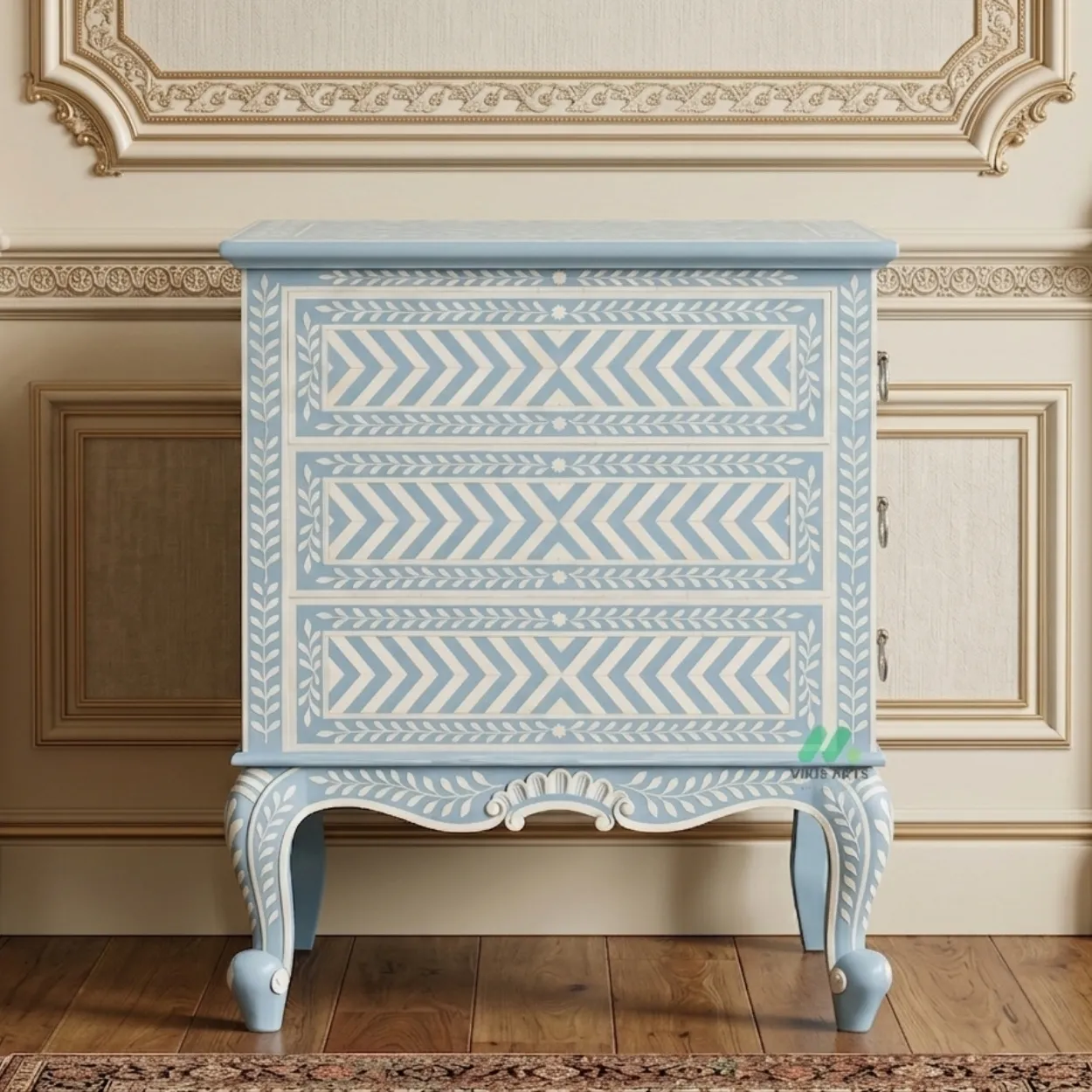Bone Inlay Light Blue two Drawer Bedside - Image 4