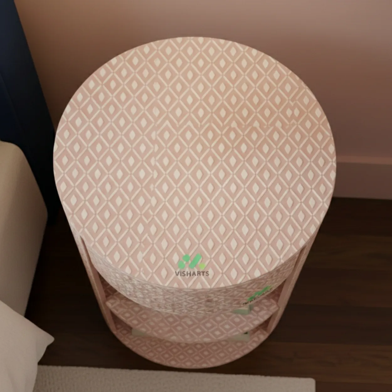 Bone Inlay Pink Round Bedside Table - Image 3