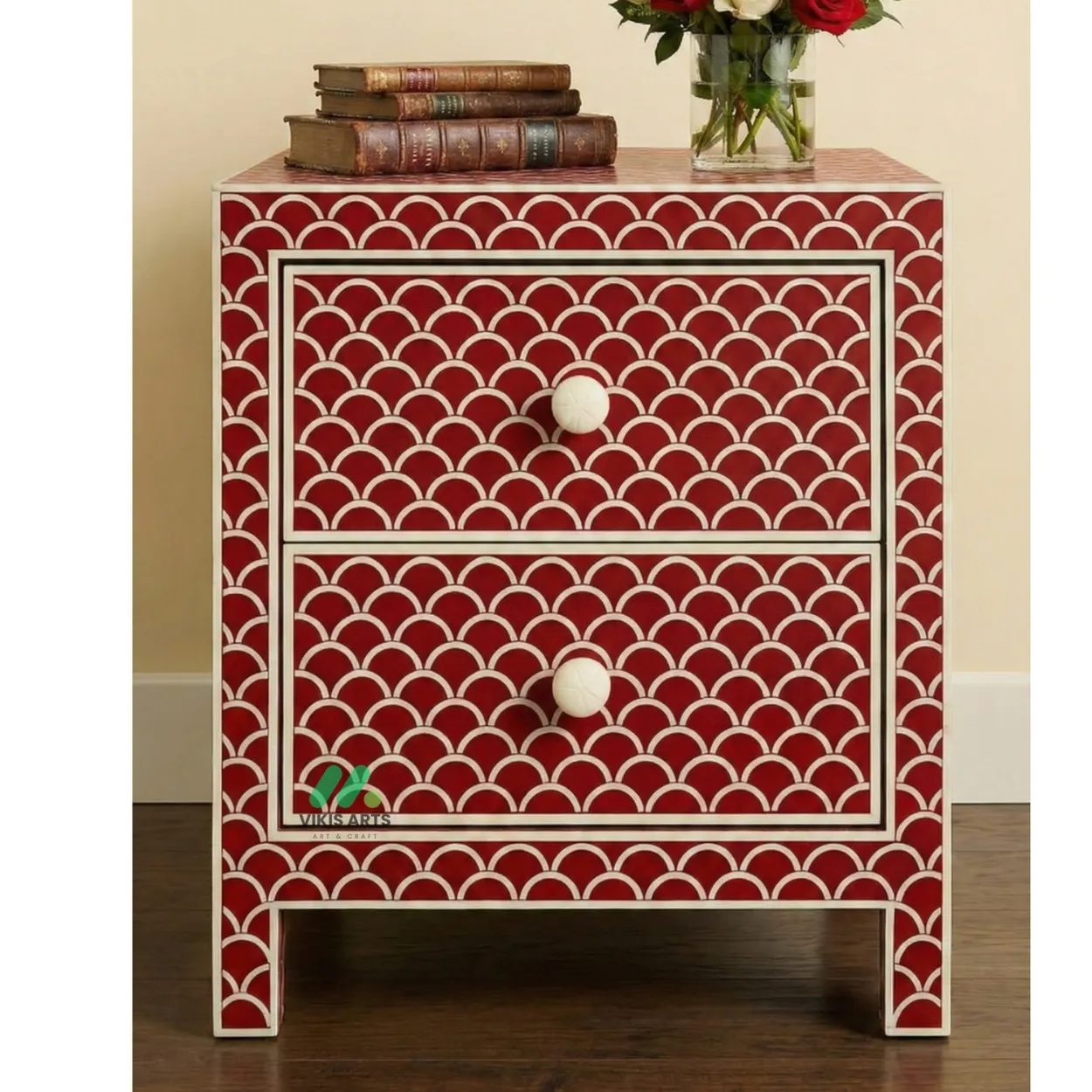 Bone Inlay Red Bedside Table