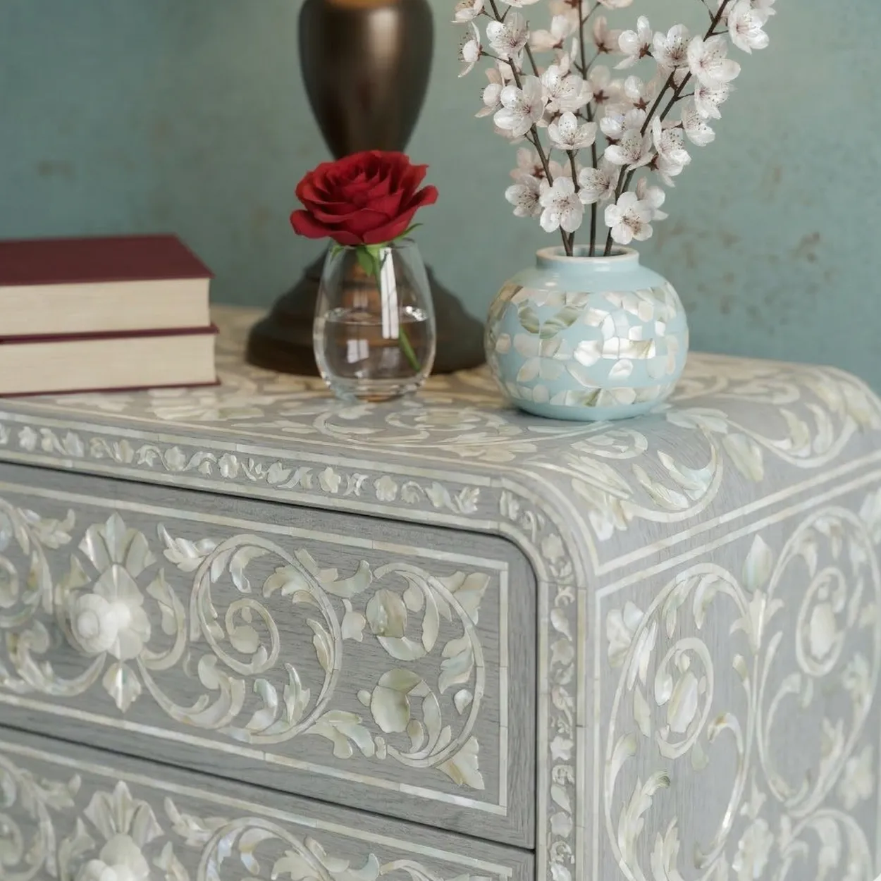 Mother Of Pearl Bedside Table with Two Drawer and Open Shelf - Image 3
