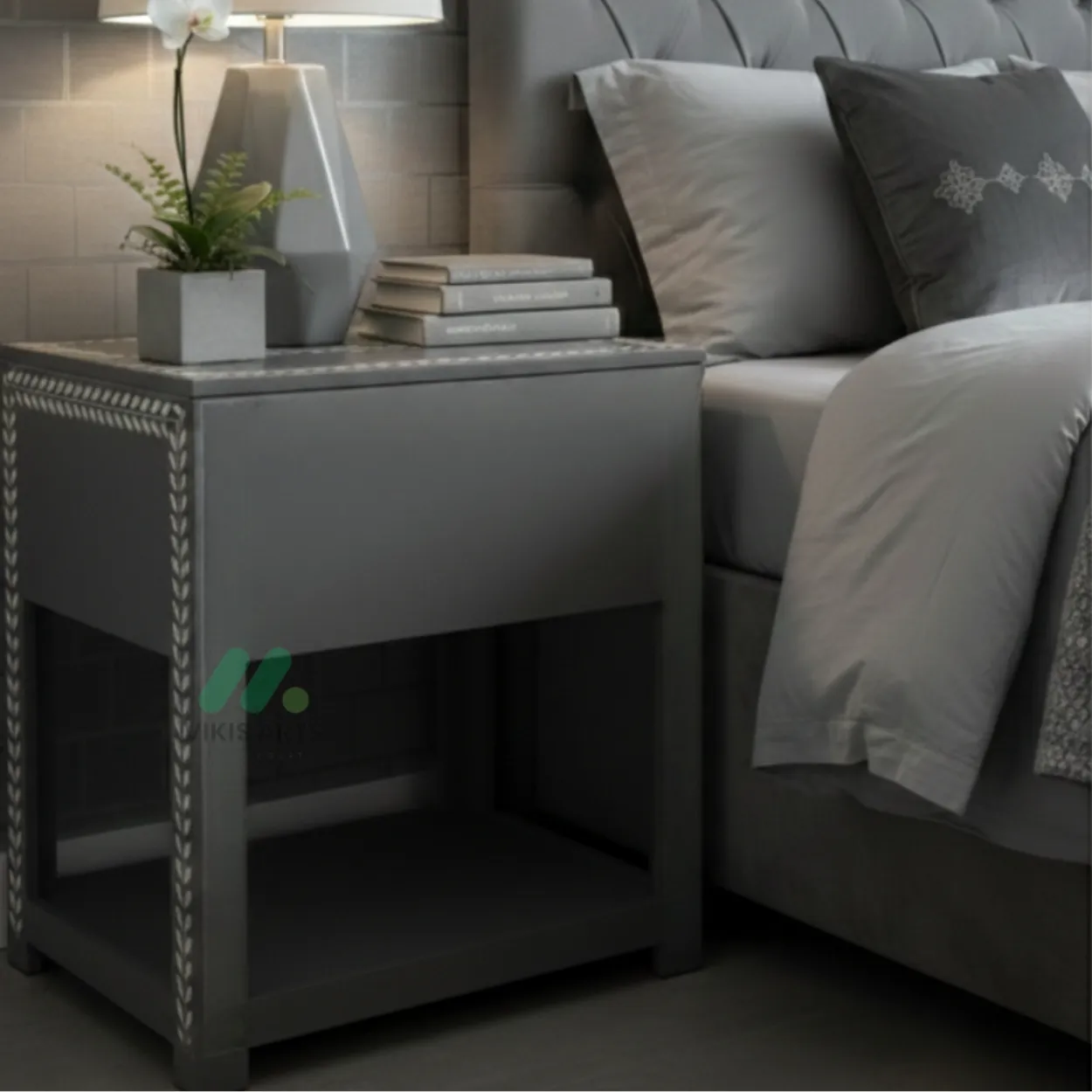 Bone Inlay Grey Bedside table - Image 2