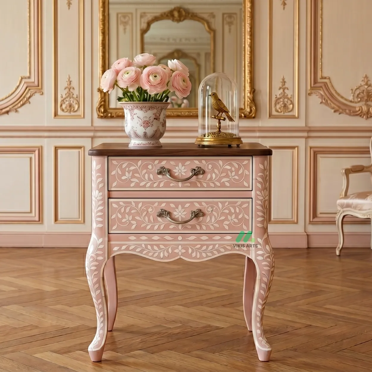 Handmade Bone Inlay Pink Bedside Table with Two Drawer