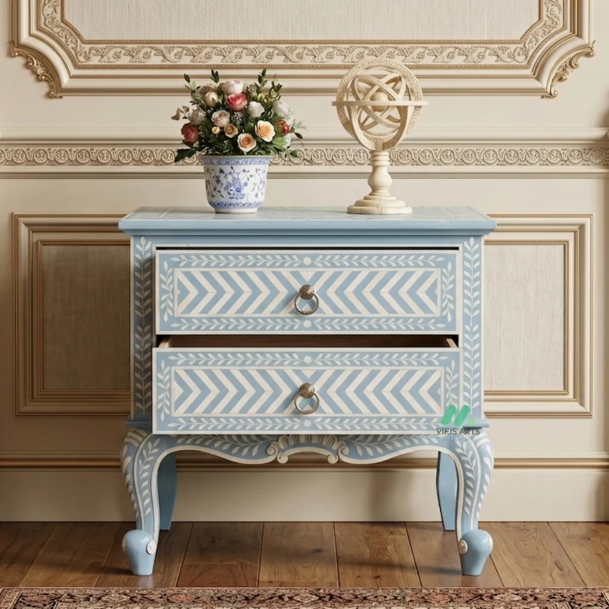 Bone Inlay Light Blue two Drawer Bedside - Image 5