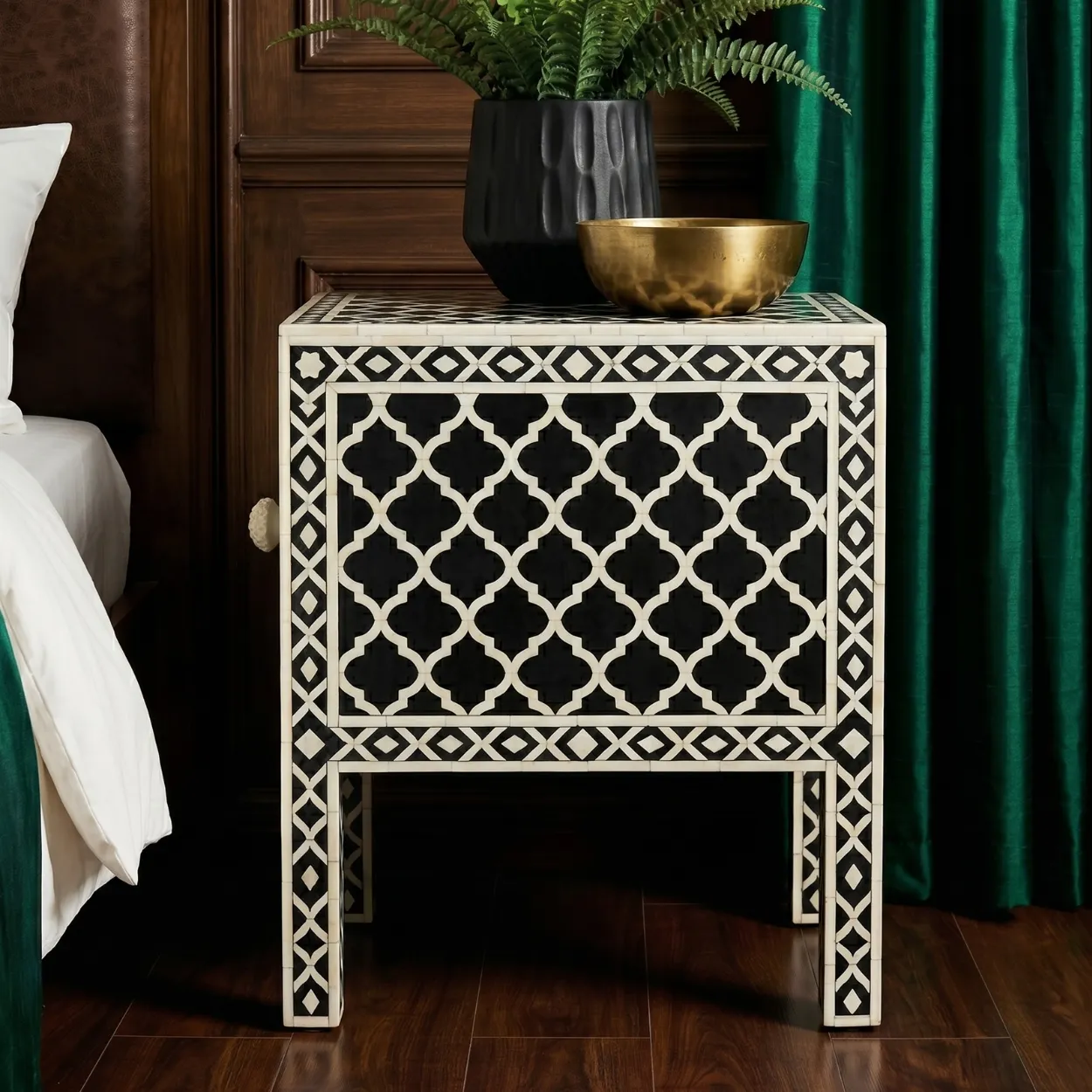 Bone Inlay Black Bedside Table with one Drawer - Image 4