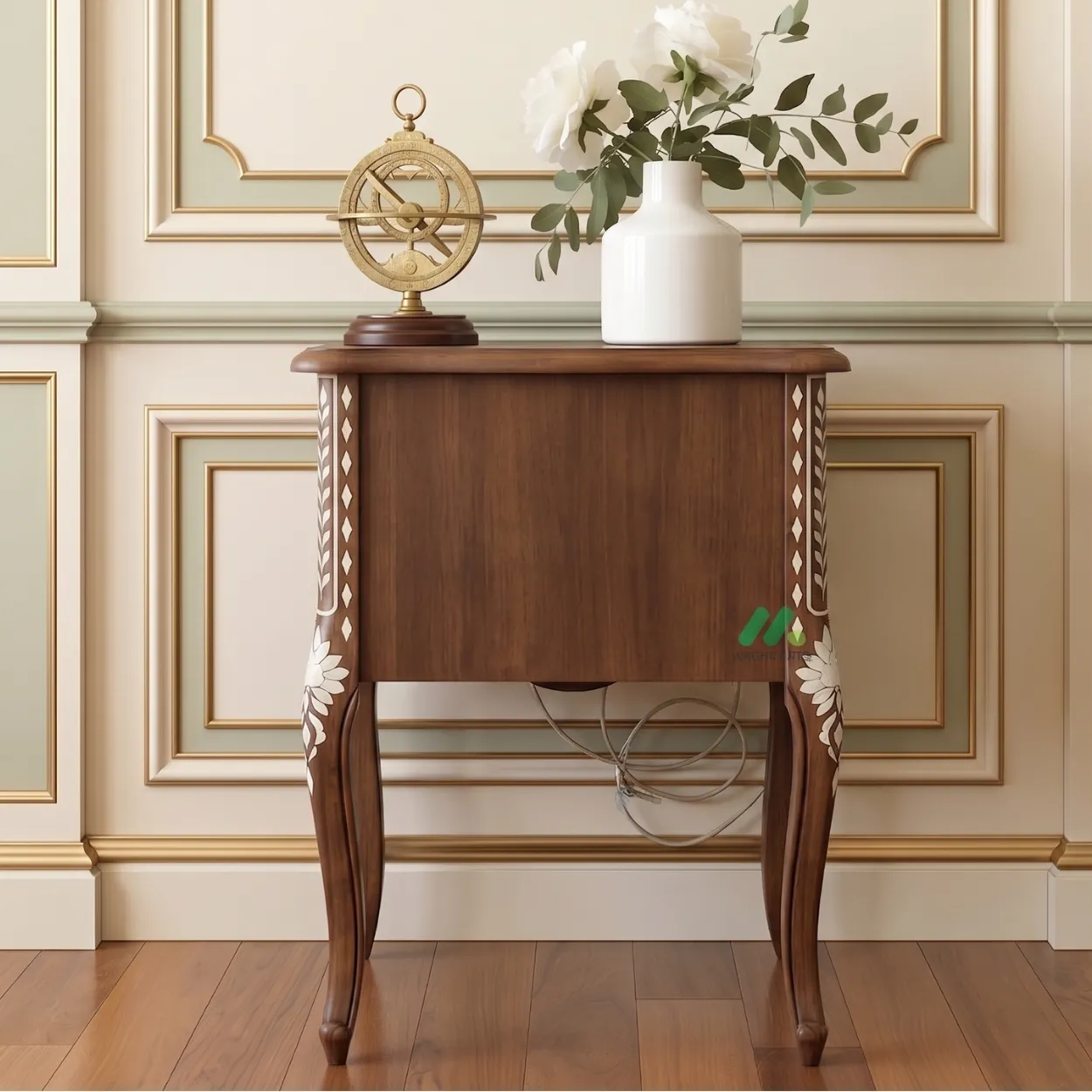 Bone Inlay Wooden Bedside Table with Two Drawer - Image 2