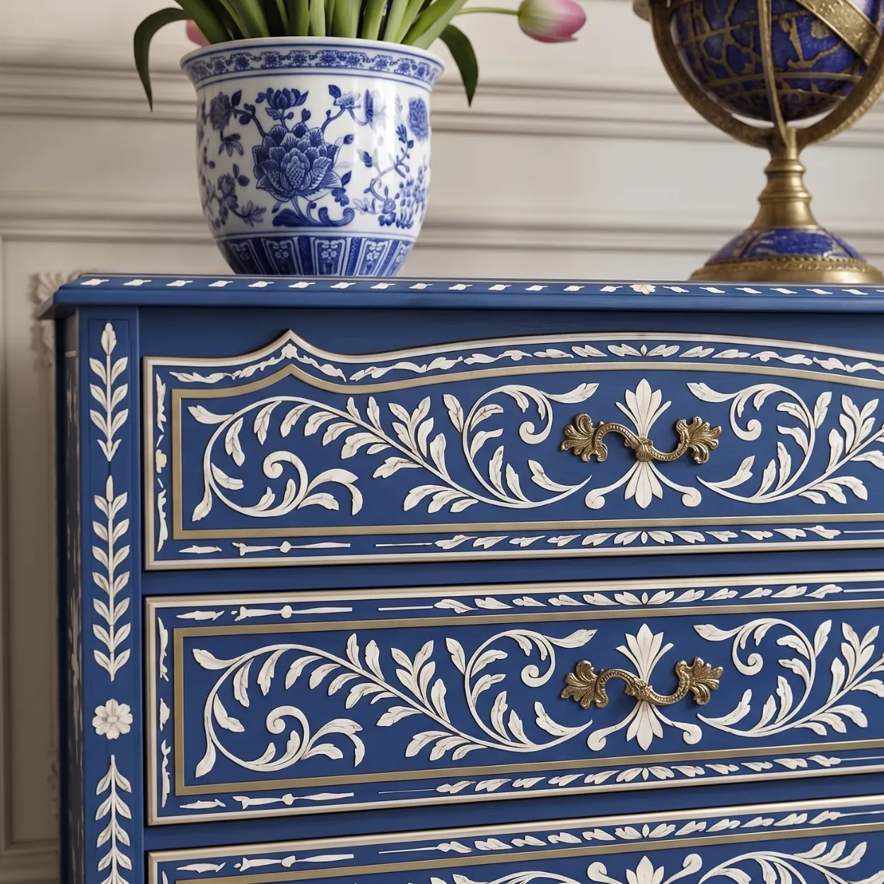 Bone Inlay Navy Blue Bedside Table with Three Drawer - Image 5