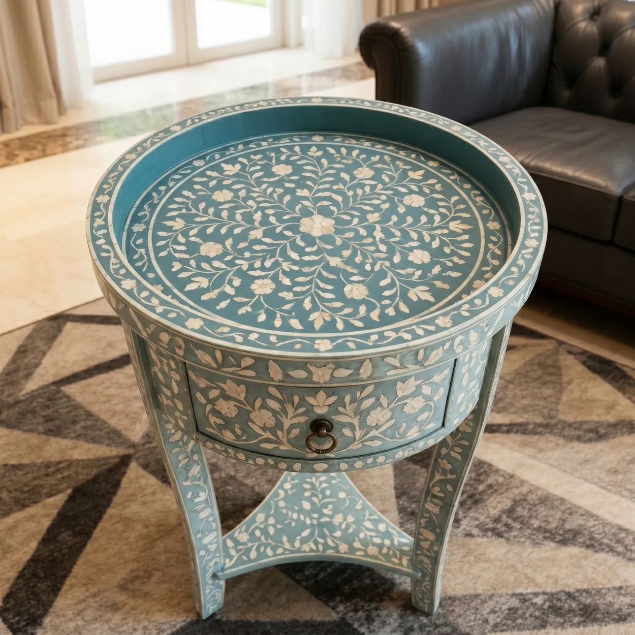 Bone Inlay Blue Round Bedside Table - Image 3