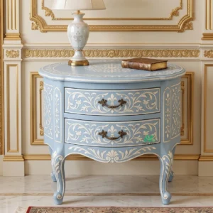 Bone Inlay Light Blue Round Bedside Table