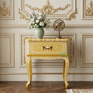 Bone Inlay Yellow Bedside table with One Drawer