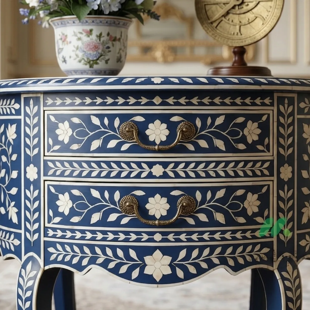 Bone Inlay Navy Blue Round Side Table - Image 5