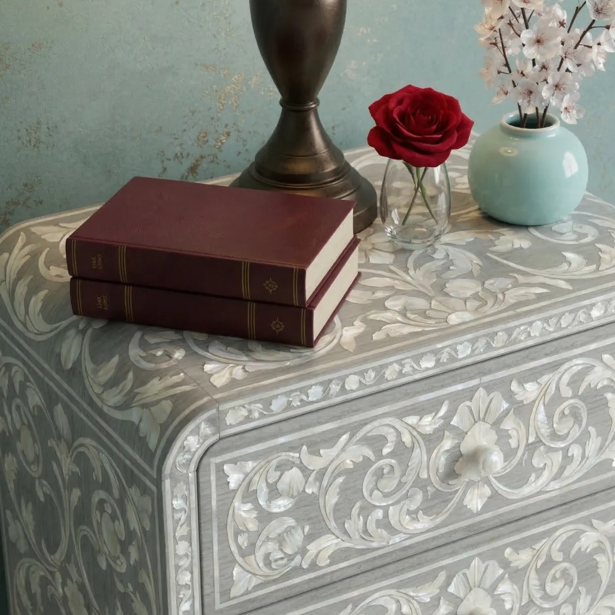 Mother Of Pearl Bedside Table with Two Drawer and Open Shelf - Image 2