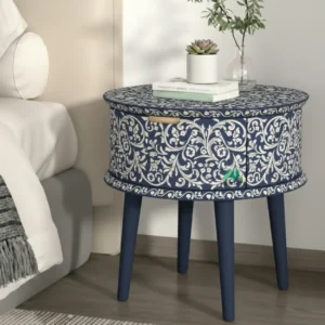 Bone Inlay Navy Blue Round Bedside Table