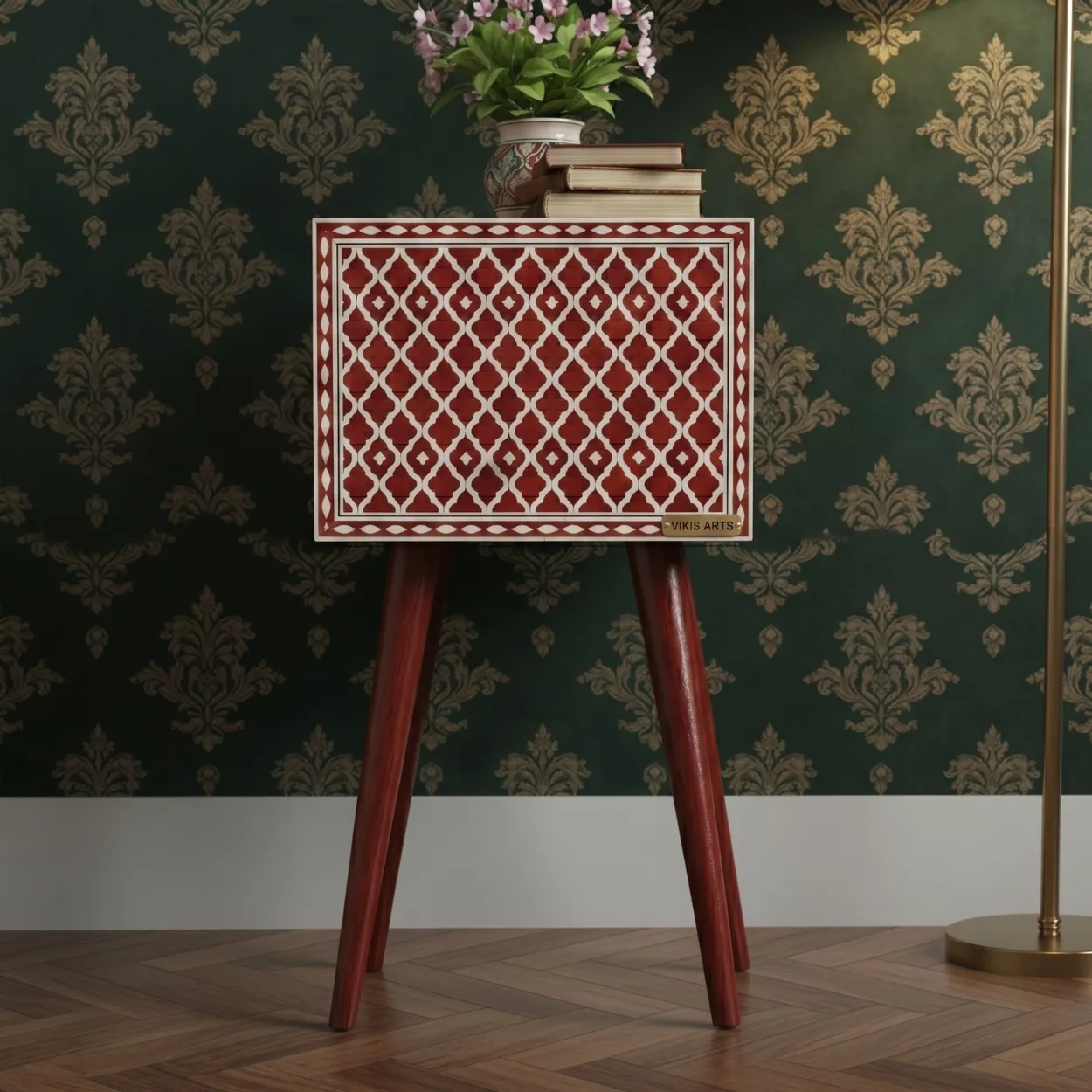 Bone Inlay Red Bedside Table - Image 4