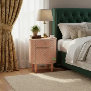 Bone Inlay Pink Round Bedside Table with Two Drawer