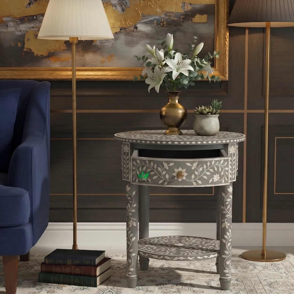 Bone Inlay Grey Round Bedside Table with One Drawer - Image 5