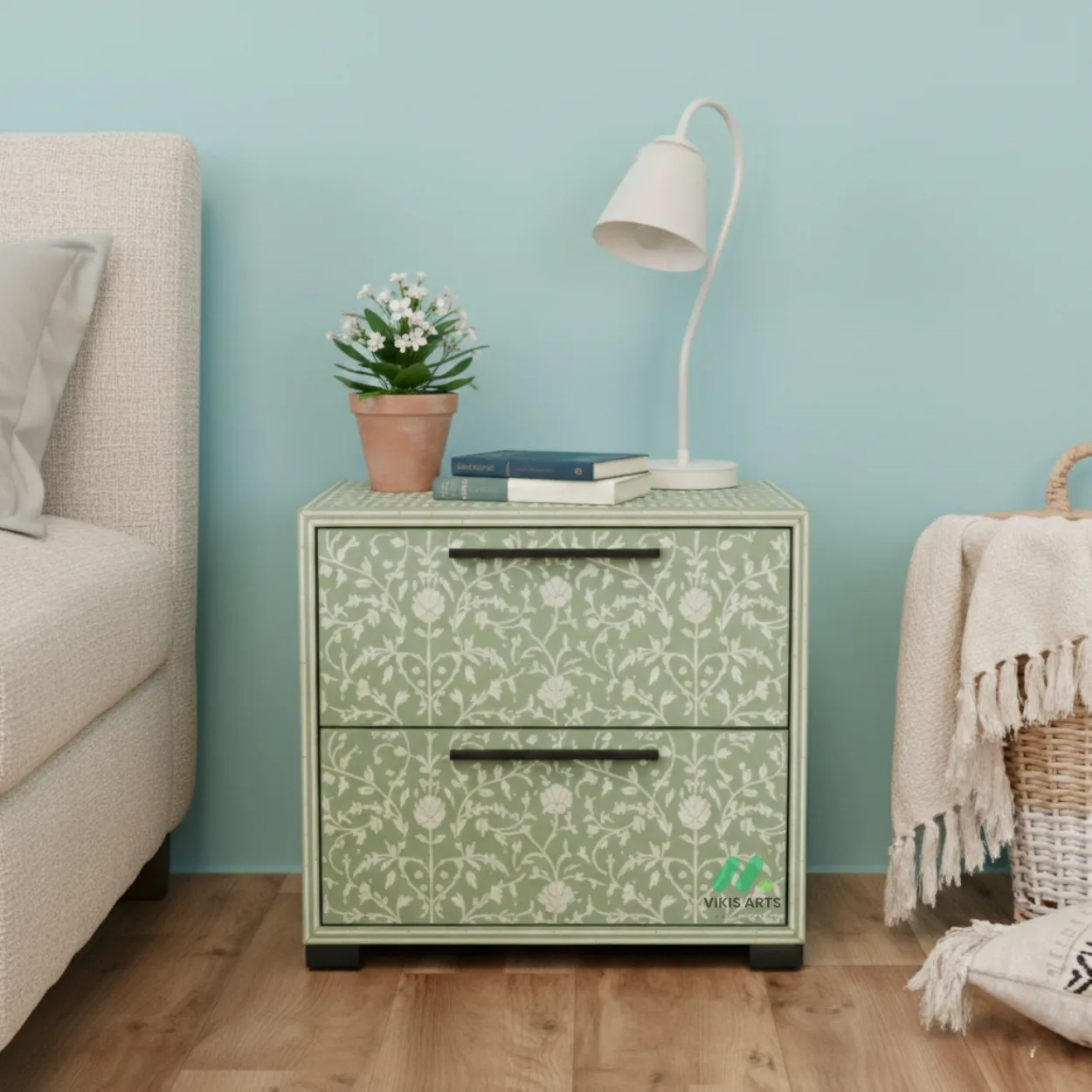 Bone Inlay Light Green bedside Table