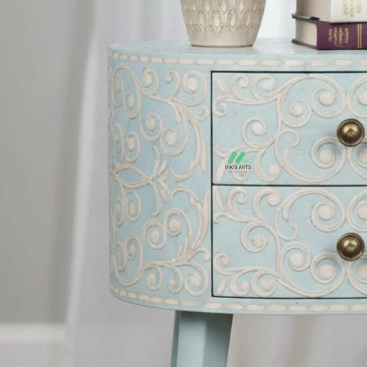 Bone Inlay Light Blue Round Bedside Table - Image 5