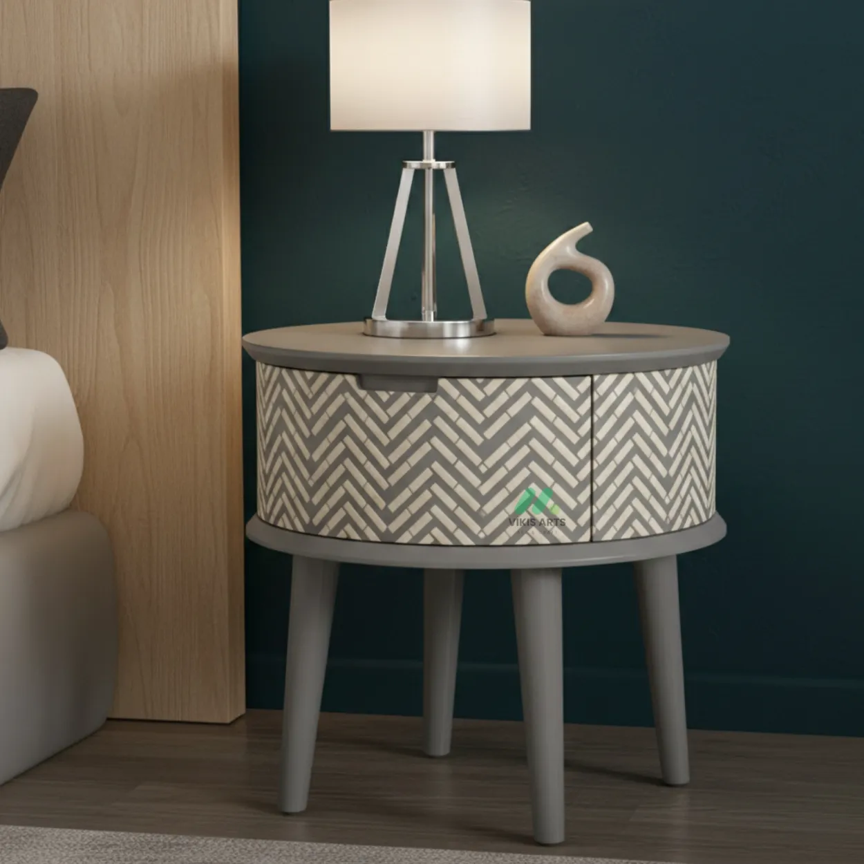 Bone Inlay Grey Round Bedside Table