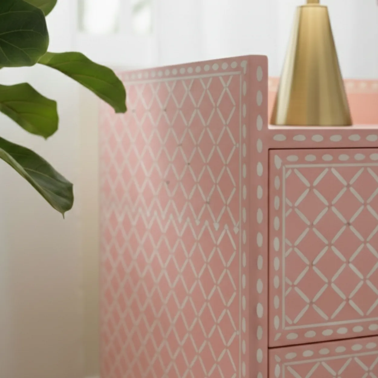 Bone Inlay Pink Bedside Table - Image 4