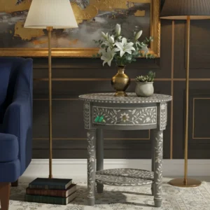 Bone Inlay Grey Round Bedside Table with One Drawer