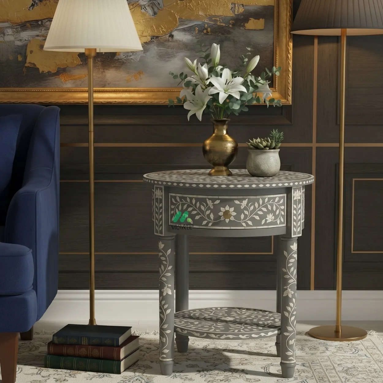 Bone Inlay Grey Round Bedside Table with One Drawer