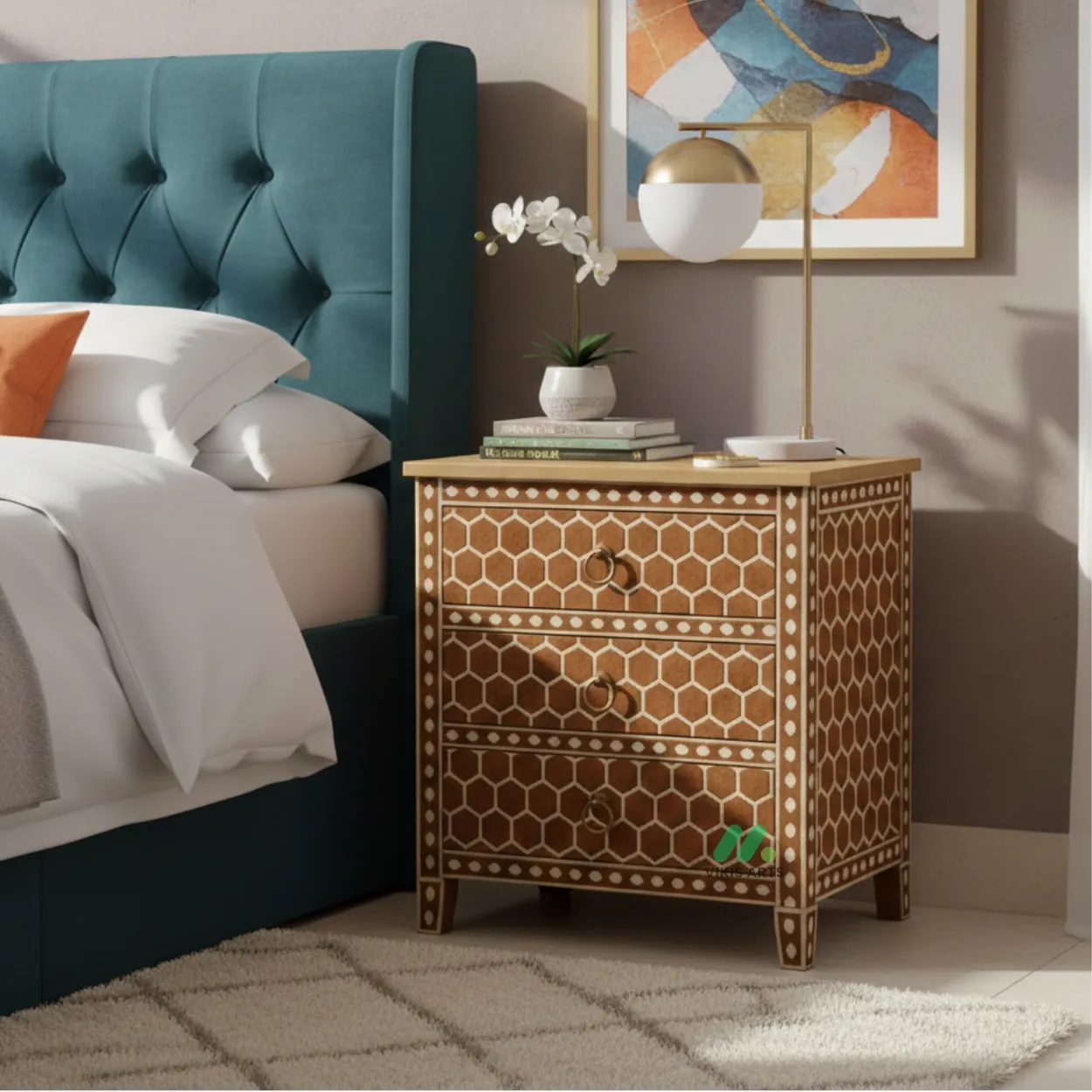 Handcrafted Bone Inlay Wooden Bedside table