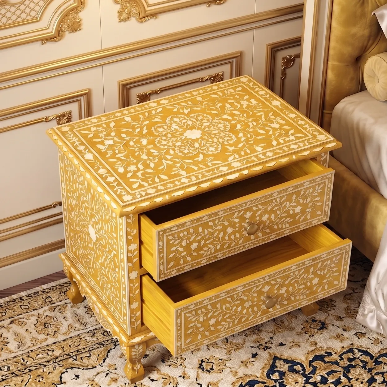 Bone Inlay Yellow Bedside Table - Image 5