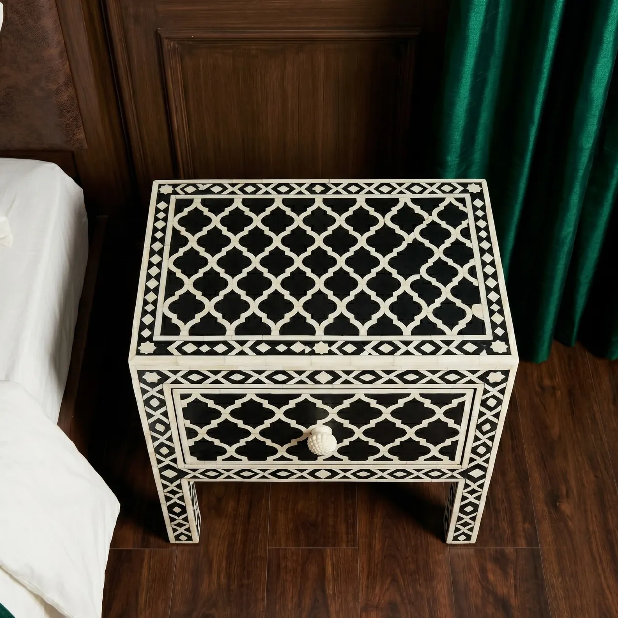 Bone Inlay Black Bedside Table with one Drawer - Image 3