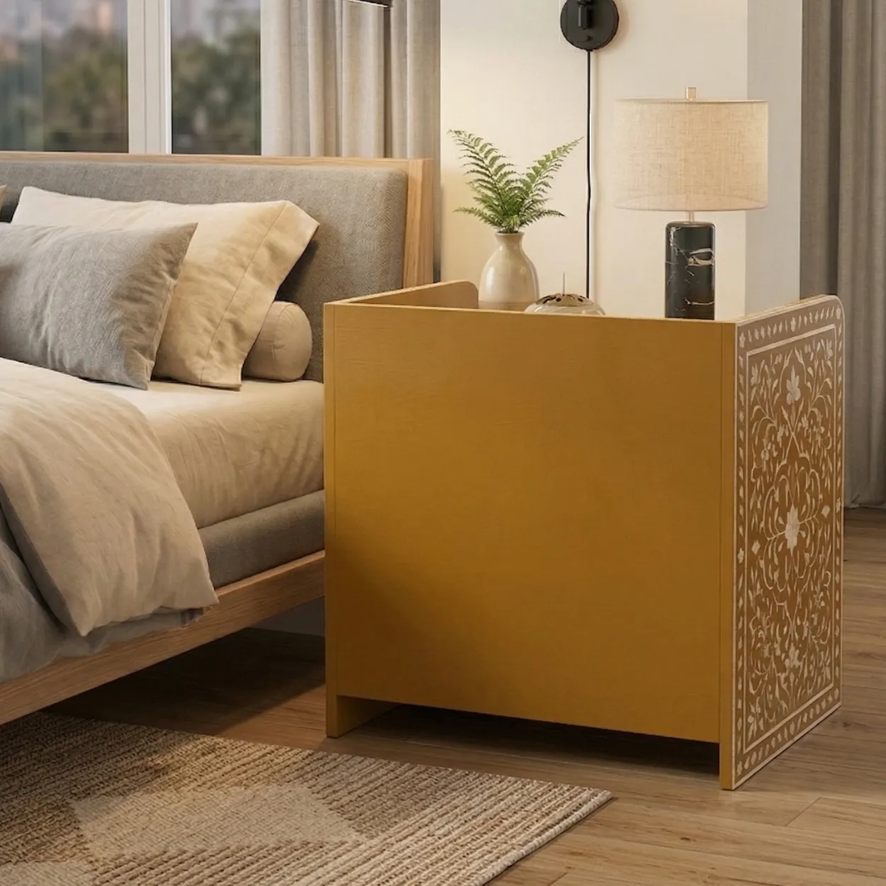 Bone Inlay Yellow Bedside Table with One Drawer - Image 2