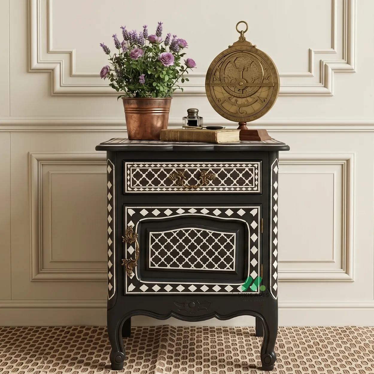 Bone Inlay Black Bedside Cabinet