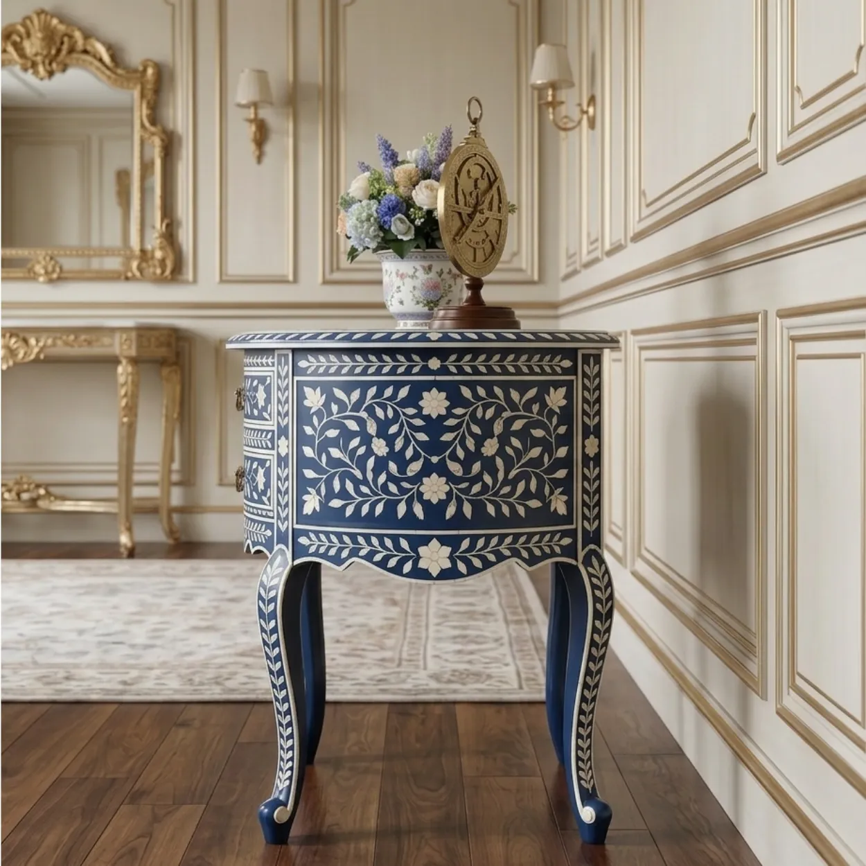 Bone Inlay Navy Blue Round Side Table - Image 4