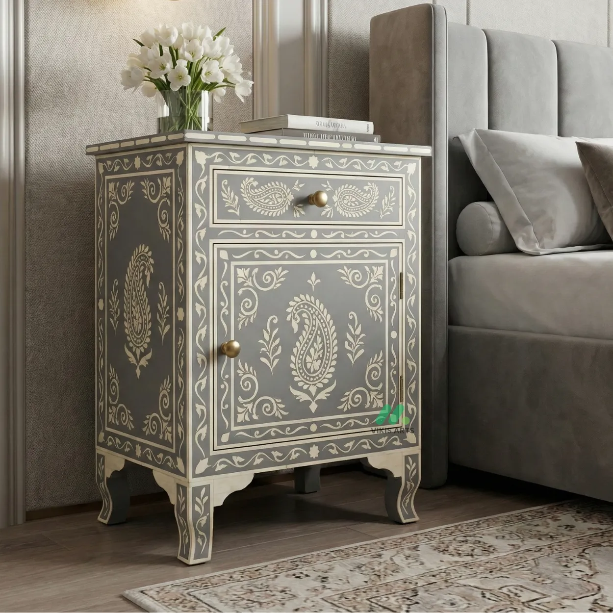 Bone Inlay Grey bedside table