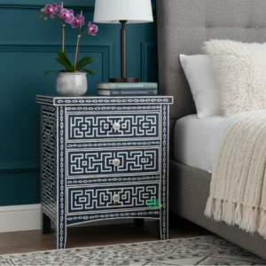 Bone Inlay Navy Blue Bedside Table with three drawer